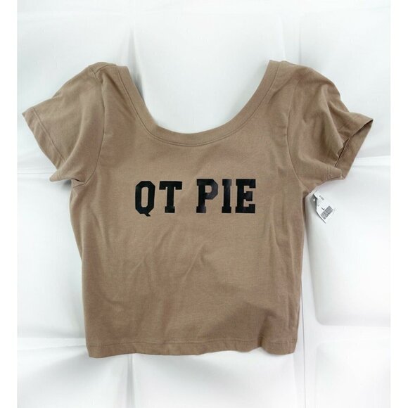 NWT Wet Seal Sz L Taupe Bow Back Cropped QT Pie Top Soft Graphic T-Shirt Womens - Picture 3 of 6
